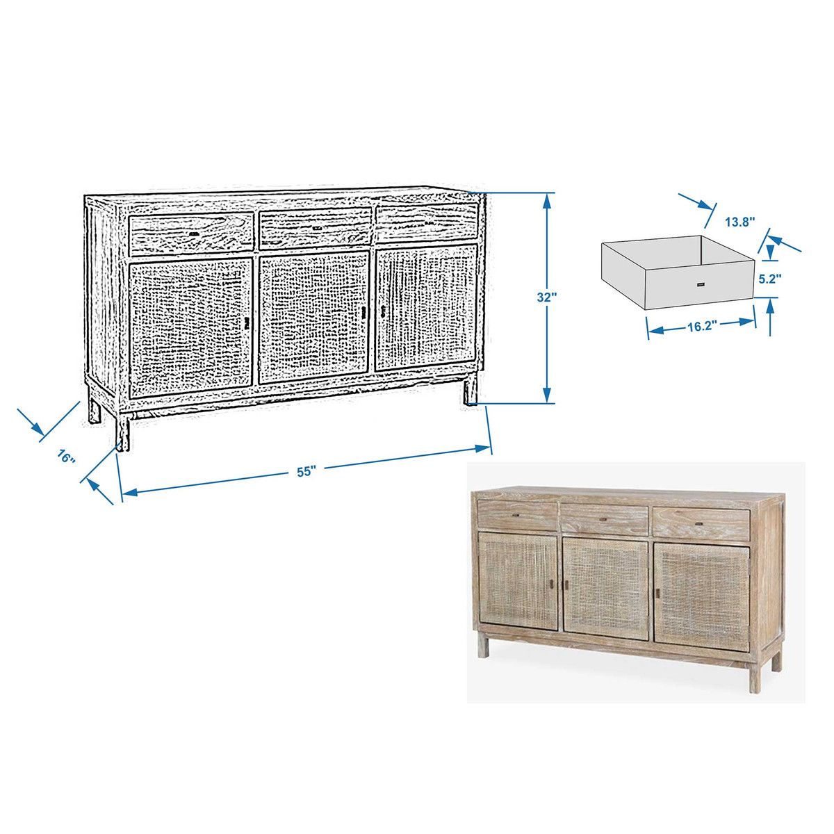 Britton Sideboard w/ Woven Door Panels-Grey Wash-55x16x32