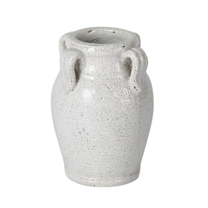 7&quot; TERRACOTTA VASE WITH HANDLES, WHITE CRACKLE