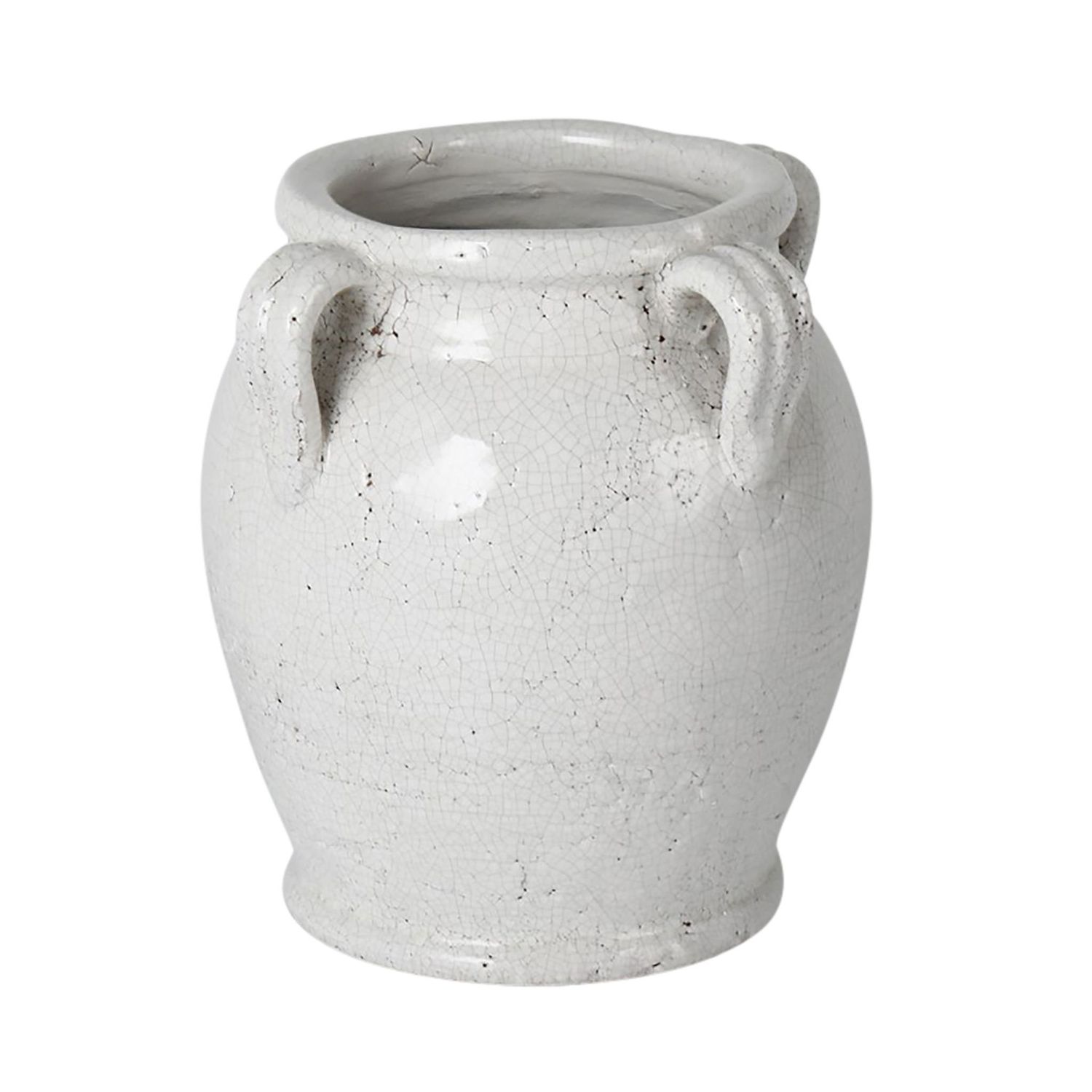 9&quot; TERRACOTTA VASE WITH HANDLES, WHITE CRACKLE