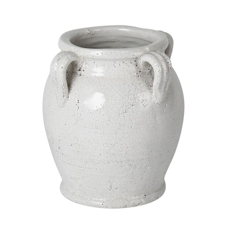 9&quot; TERRACOTTA VASE WITH HANDLES, WHITE CRACKLE