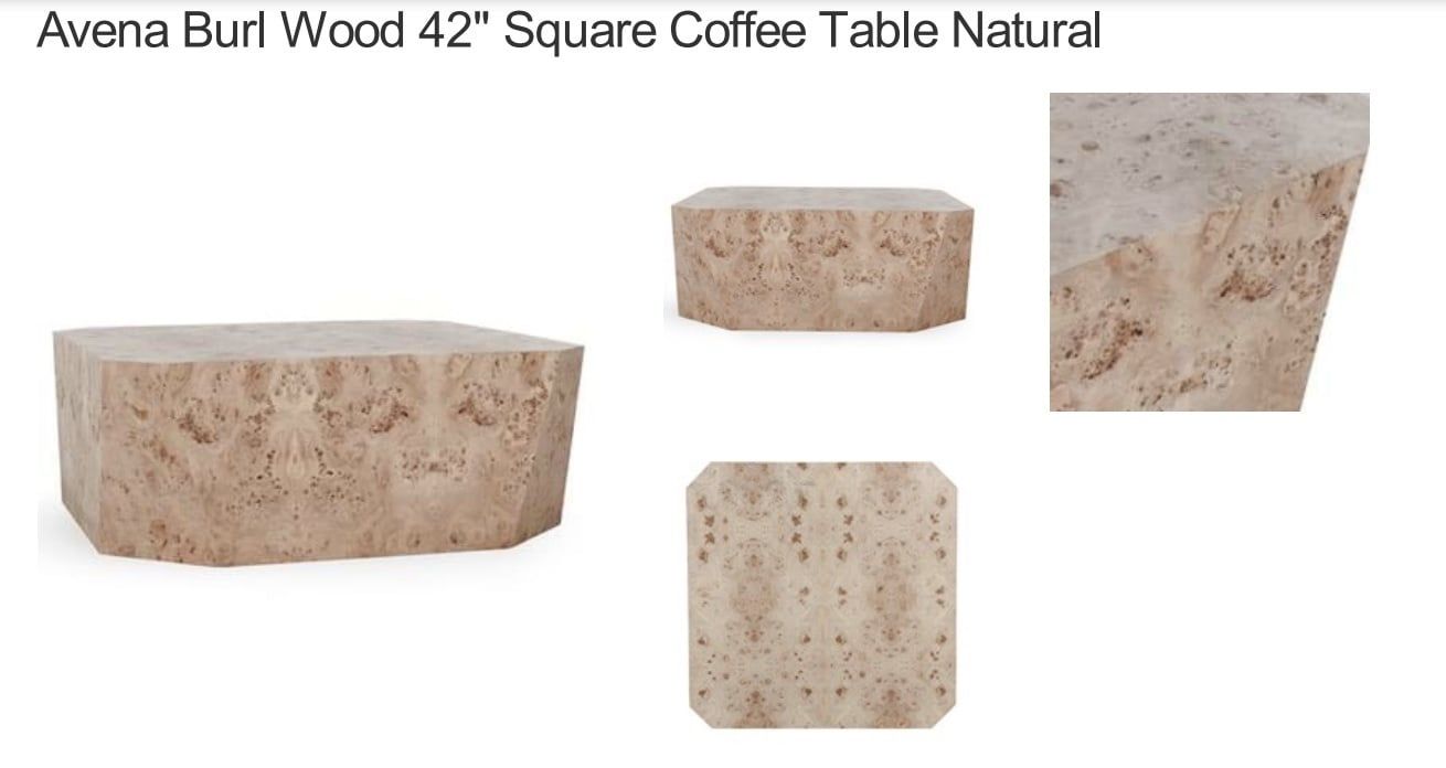 BURL WOOD 42&quot; COFFEE TABLE NATURAL 41.75 W X 42 D X 16.50 H
