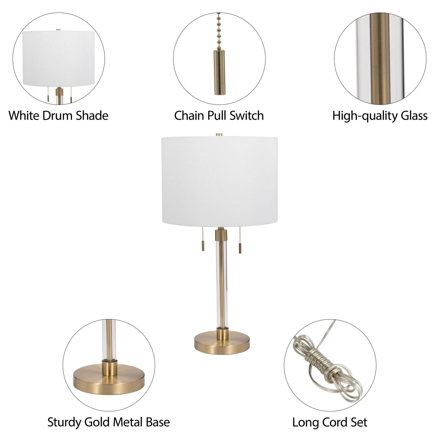GLASS 27&quot; CHAIN PULL TABLE LAMP, GOLD