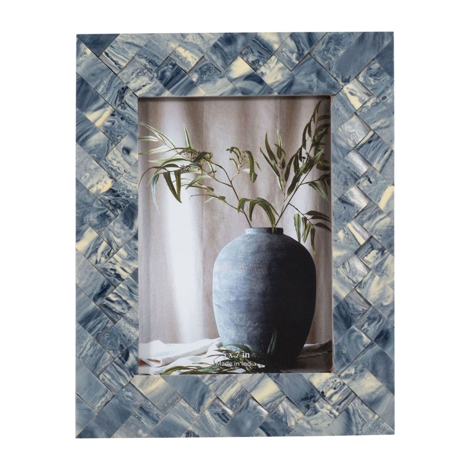 RESIN, 5X7&quot; WOVEN PHOTO FRAME, BLUE/IVORY