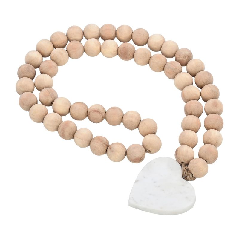 WOOD, 36 LARGE BEAD GARLAND W/ MARBLE HEART, NATU
