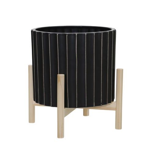 Ceramic Fluted Planter W/ Wood Stand, Black-12&quot;