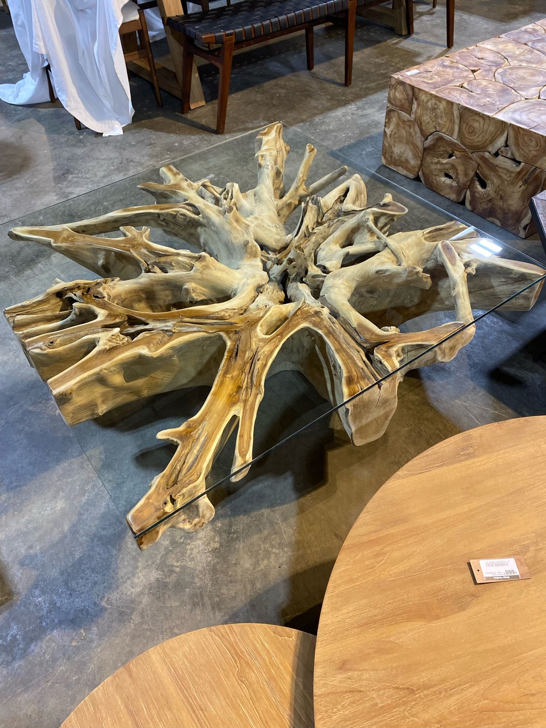Teak Root square coffee table with glass 48&quot; x 48&quot;
