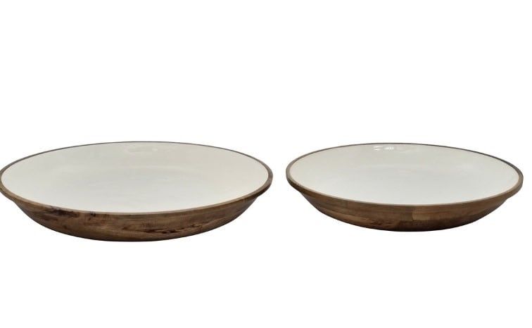 Enamel &amp; Mangowood Rd Bowl 2 PC set wht &amp; nat 17.75x17.5x2.75 and 15x15x2.5