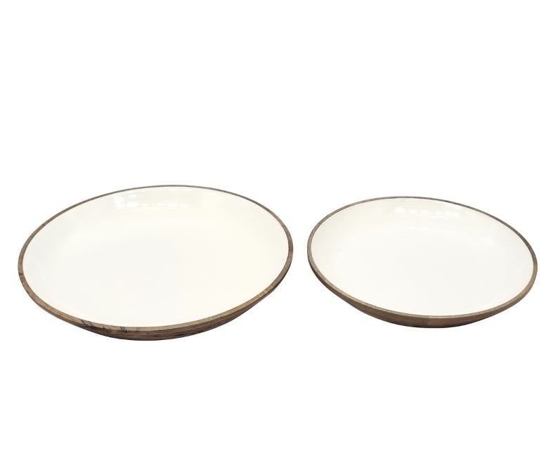 Enamel &amp; Mangowood Rd Bowl 2 PC set wht &amp; nat 17.75x17.5x2.75 and 15x15x2.5