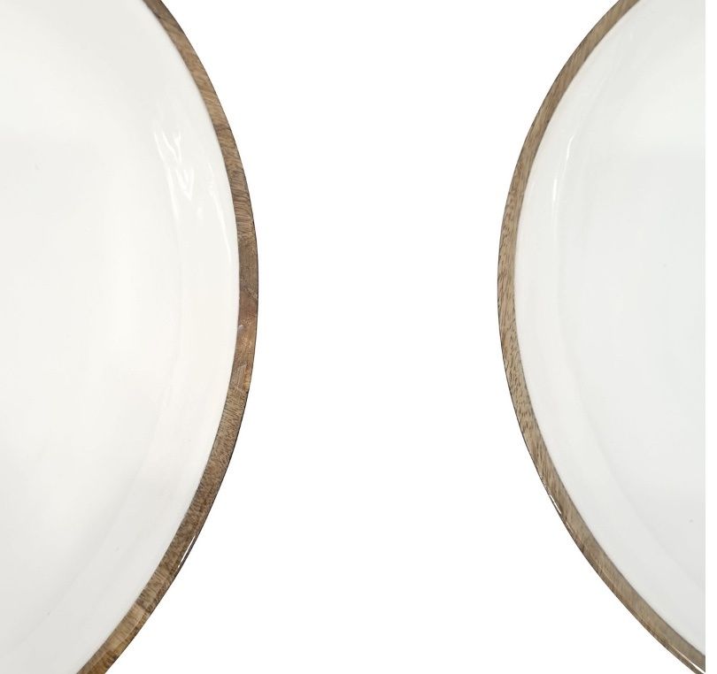 Enamel &amp; Mangowood Rd Bowl 2 PC set wht &amp; nat 17.75x17.5x2.75 and 15x15x2.5