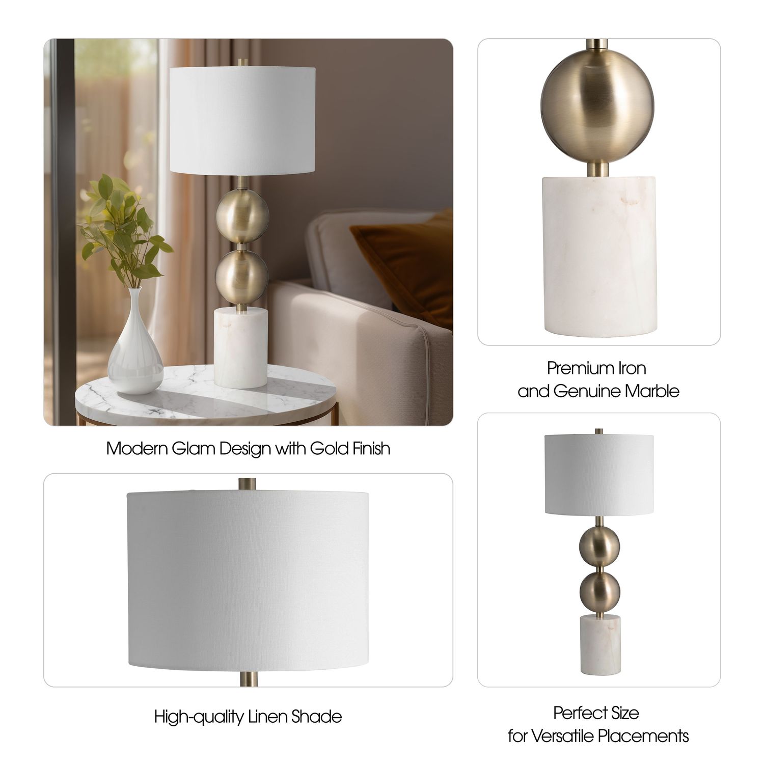 MARBLE, 30&quot; STACKING ORBS TABLE LAMP, GOLD/WHITE