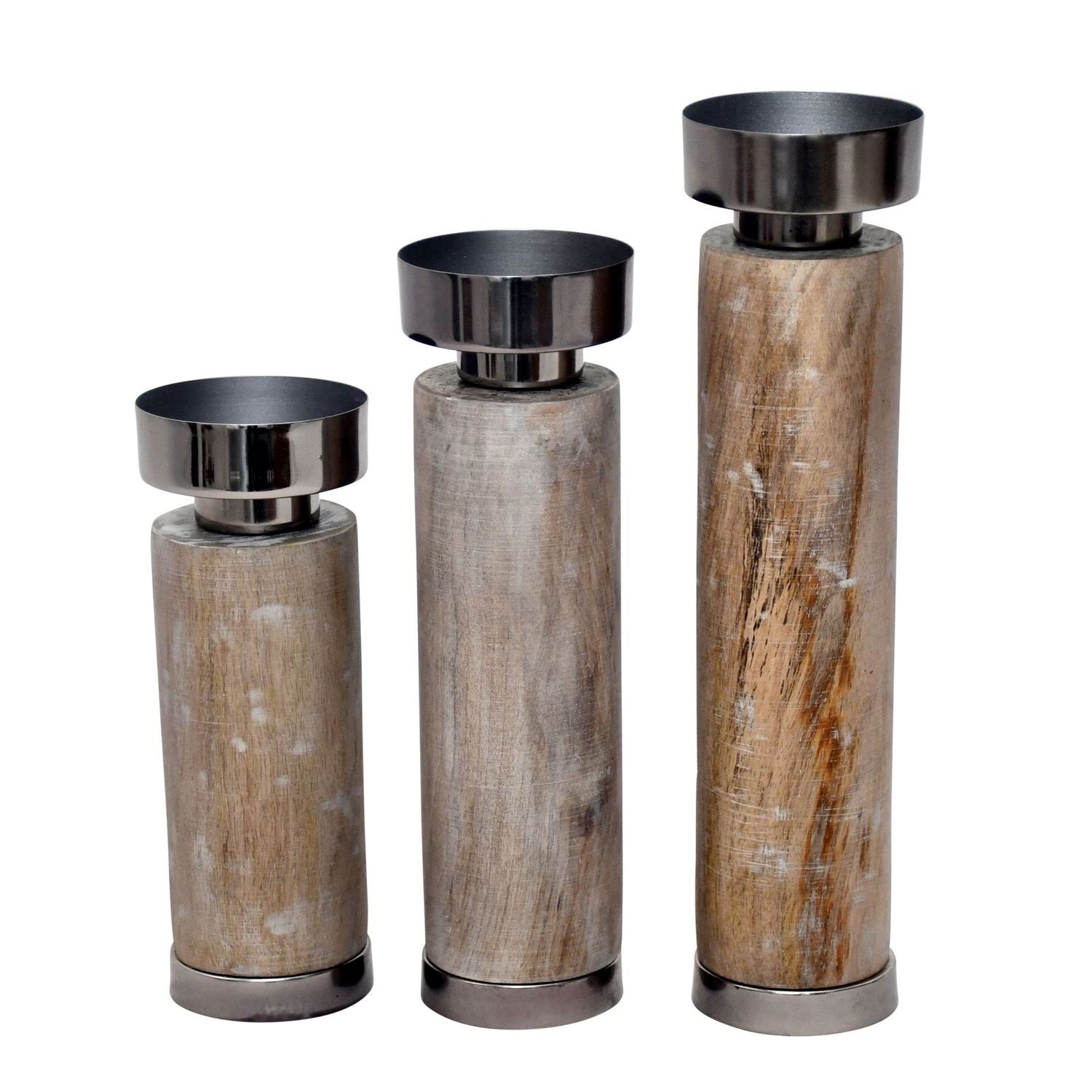 MANGO WOOD, S/3 ELLIOT GREY CANDLE HOLDERS
