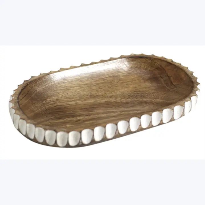 Mango Wood Tray with Carved White Design 12 x 6.8 x 1.2 in