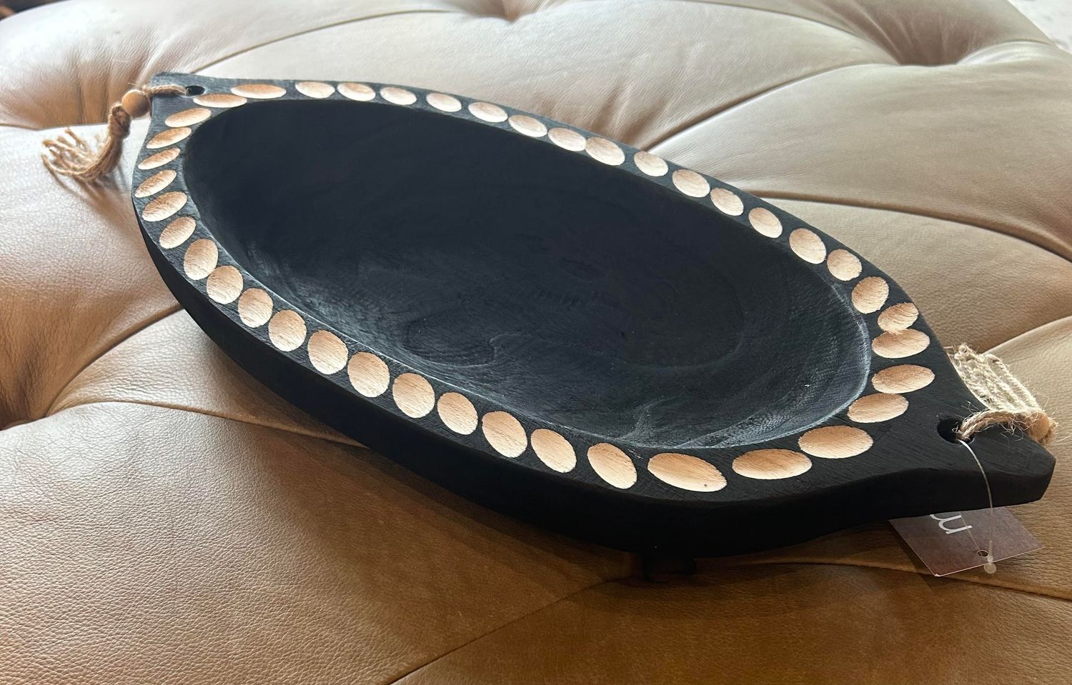 Wooden Tray, Black with Natural Tone Tassles 16.9 x 7.9 x 2 in