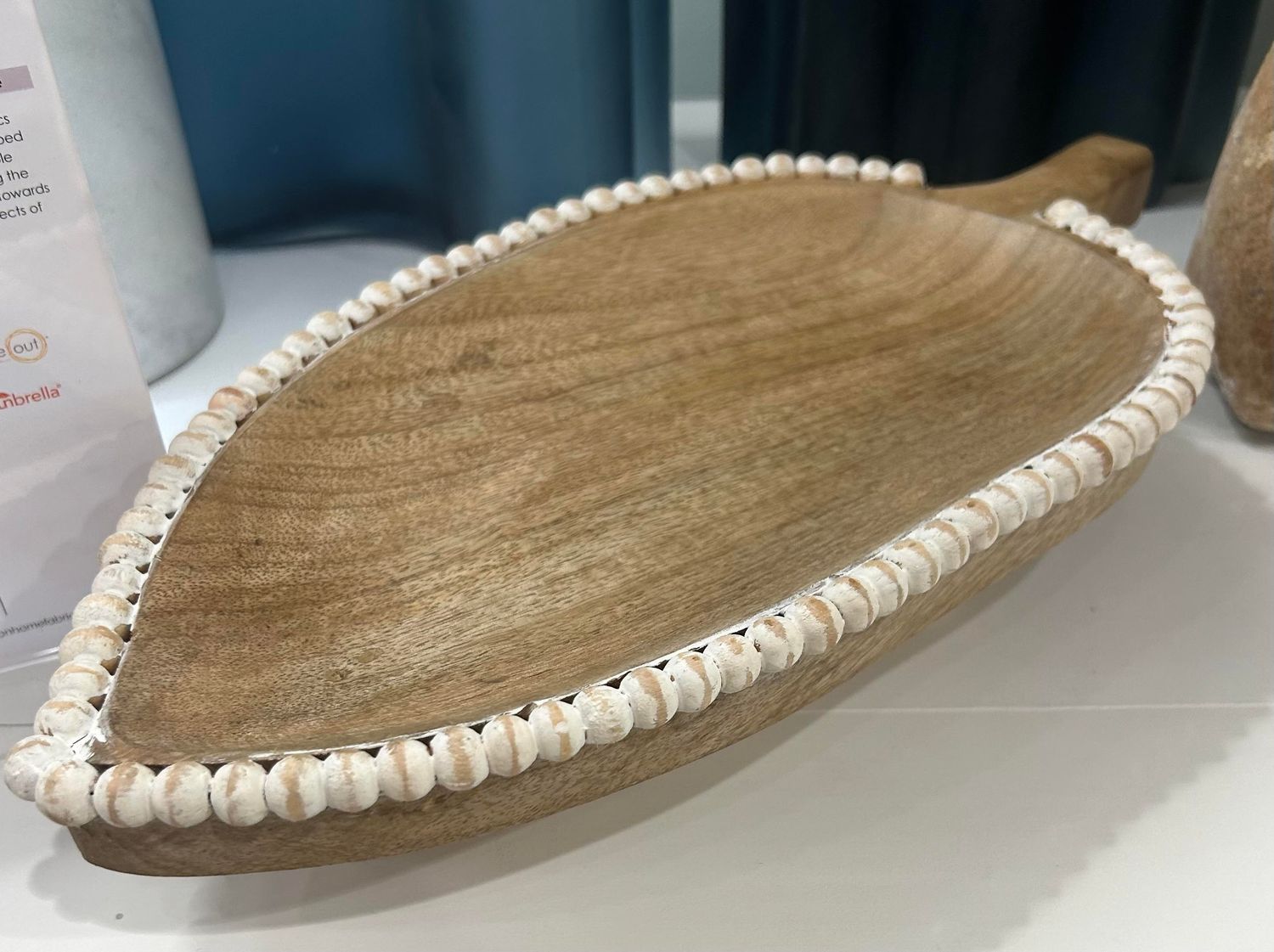 Mango Wood Leaf Tray with Beaded Edge  16 x 7 x 2.5 in