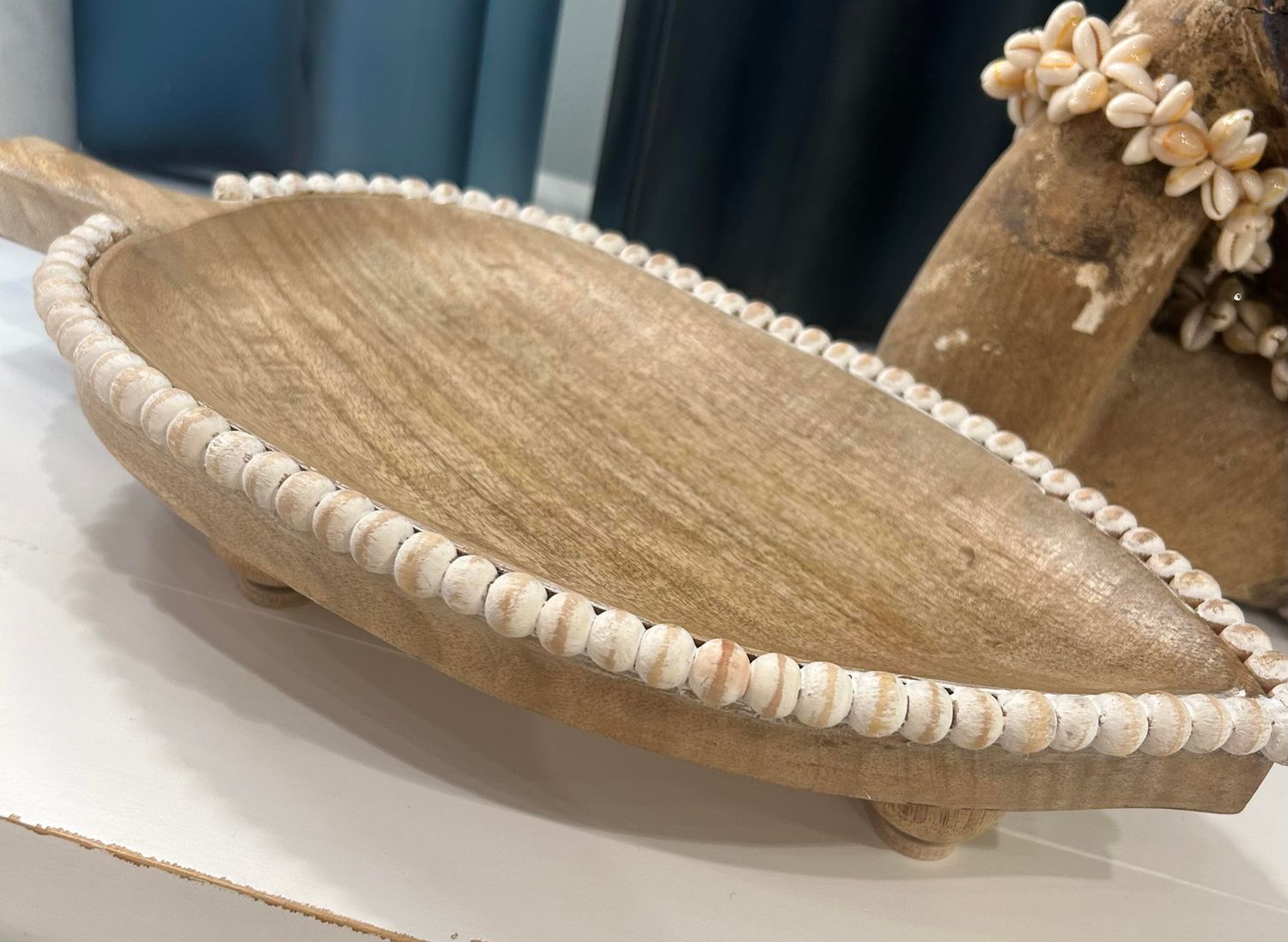 Mango Wood Leaf Tray with Beaded Edge  16 x 7 x 2.5 in