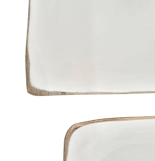 Enamel and Mangowood Square Bowl 2PC set wht &amp; nat