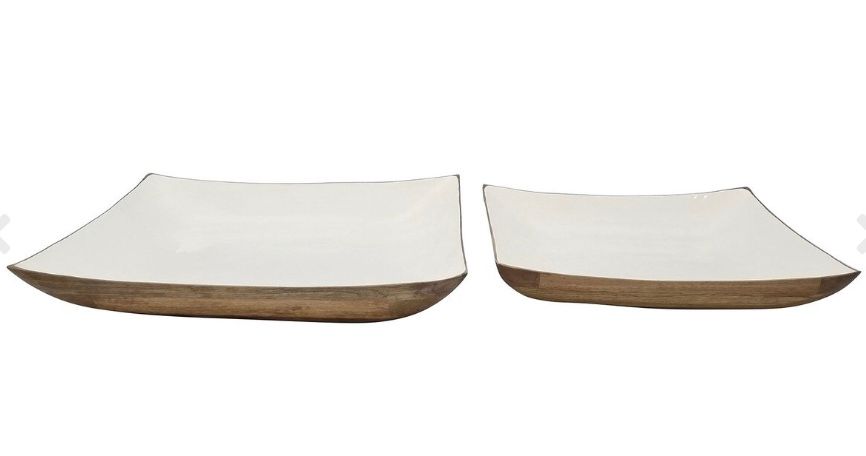 Enamel and Mangowood Square Bowl 2PC set wht &amp; nat