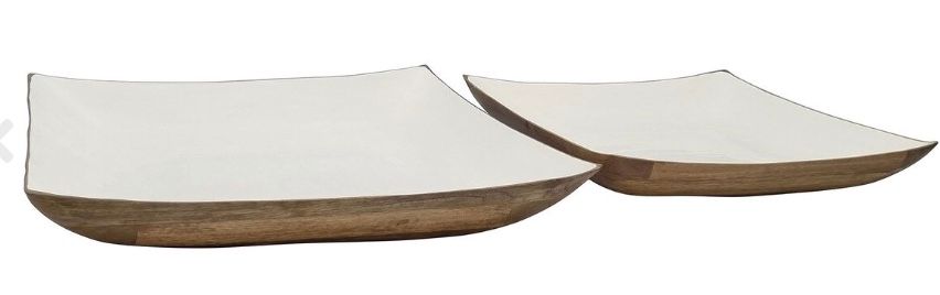 Enamel and Mangowood Square Bowl 2PC set wht &amp; nat