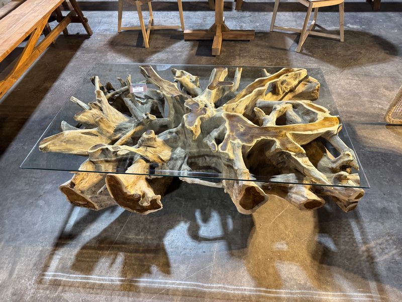 Teak Root Coffee Table w/ Glass-Bleached-55 x 35 x 16.5"H