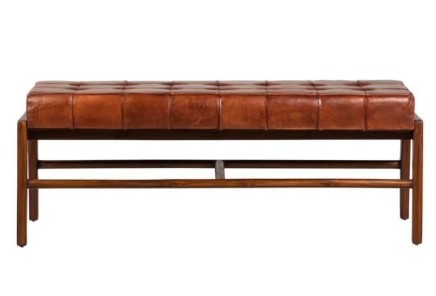 Brown tufted leather Bench W: 49 in D: 21 in H: 18 in Seat Depth: 20 in Seat Height: 18.5 in