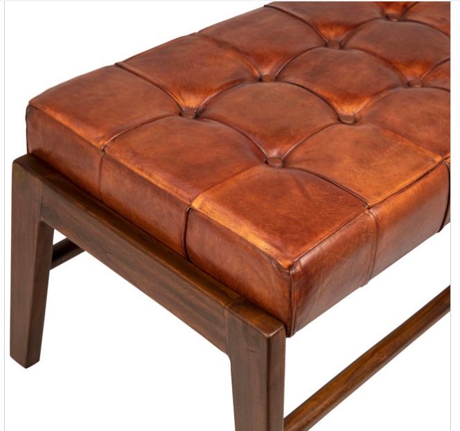 Brown tufted leather Bench W: 49 in D: 21 in H: 18 in Seat Depth: 20 in Seat Height: 18.5 in