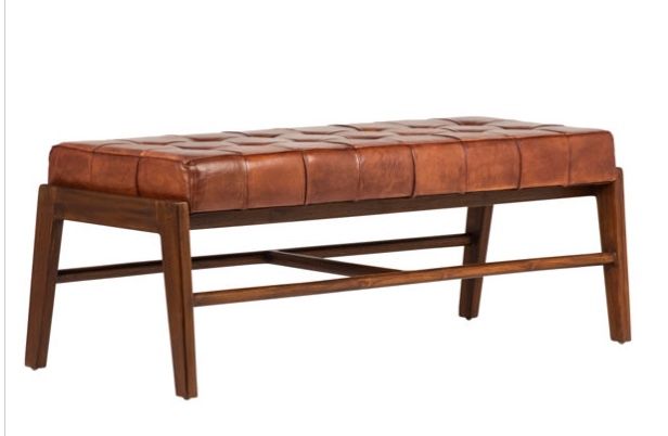 Brown tufted leather Bench W: 49 in D: 21 in H: 18 in Seat Depth: 20 in Seat Height: 18.5 in