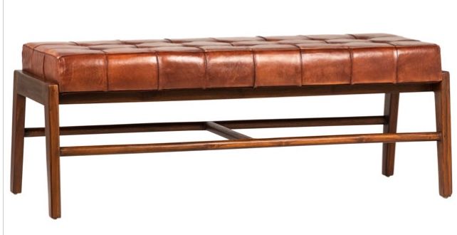 Brown tufted leather Bench W: 49 in D: 21 in H: 18 in Seat Depth: 20 in Seat Height: 18.5 in