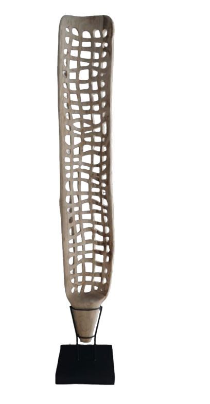 Hand Carved Leaf Sculpture 84.5 H"x14"x12" black stand 16" widest point sculpture