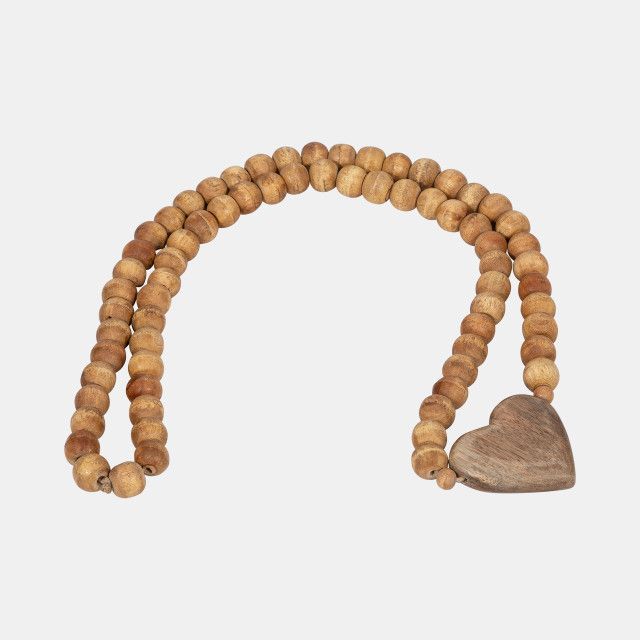 WOOD BEADED GARLAND WITH HEART, NATURAL TONE 26&quot;