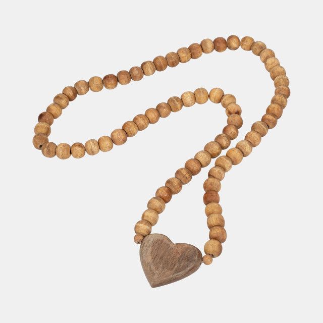 WOOD BEADED GARLAND WITH HEART, NATURAL TONE 26&quot;