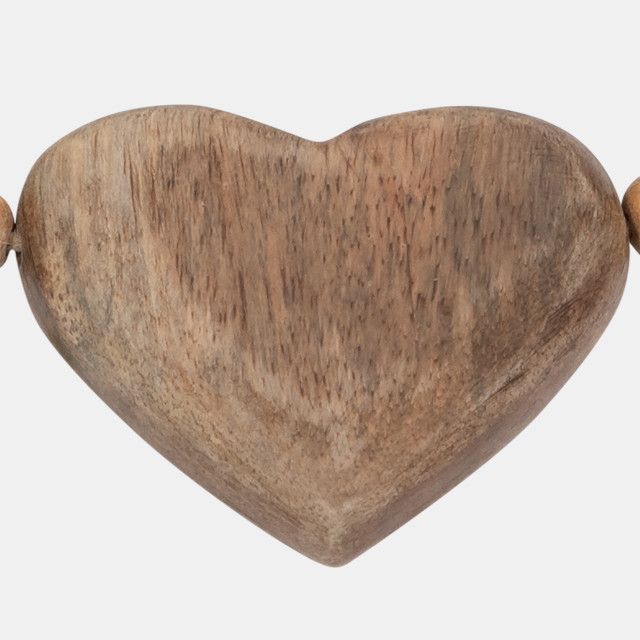 WOOD BEADED GARLAND WITH HEART, NATURAL TONE 26&quot;