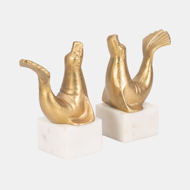 SEA LION BOOKENDS, SET OF 2, BRASS GOLD 10 x 4 x 8