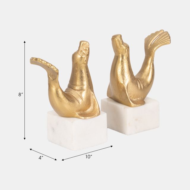 SEA LION BOOKENDS, SET OF 2, BRASS GOLD 10 x 4 x 8
