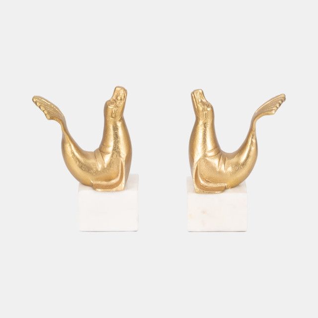 SEA LION BOOKENDS, SET OF 2, BRASS GOLD 10 x 4 x 8
