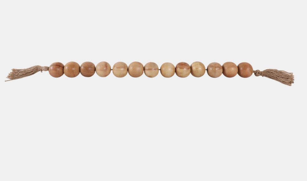 LRG WOOD BEADED GARLAND W/ TASSEL, NATURAL  25&quot; x 2&quot; x 2&quot;