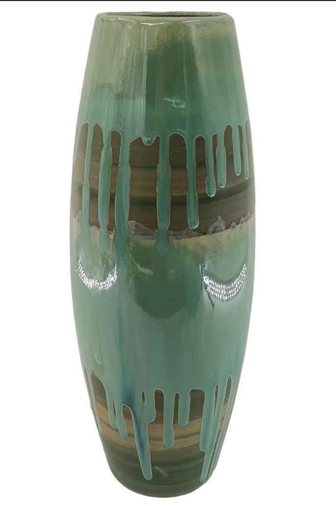 TEAL AND BROWN SMALL SLIM CERAMIC VASE 7 x 7 x 18