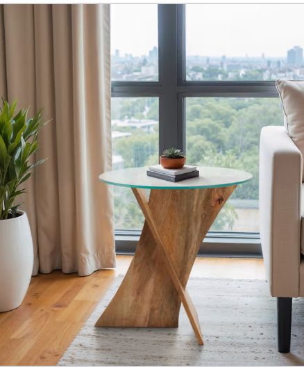GLASS TOP MANGO X ACCENT TABLE, NATURAL 20 x 20 x 21 GLASS TOP MANGO X ACCENT TABLE, NATURAL 20 x 20 x 21