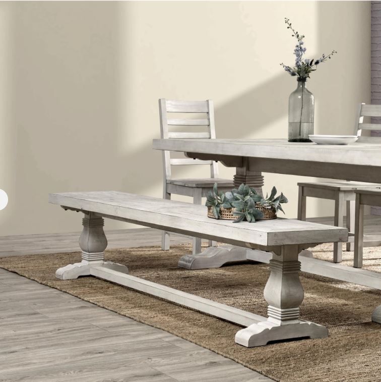 83" Dining Bench Distressed Washed Ivory Overall Dimensions 83”W x 16”D x 18”H 83" Dining Bench Distressed Washed Ivory Overall Dimensions 83”W x 16”D x 18”H