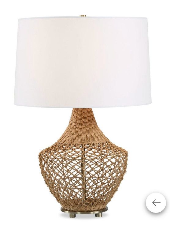 Rattan and antique brass accents Lamp 25H, SHADE 10H X 17 Dia. (in) Linen shade Rattan and antique brass accents Lamp 25H, SHADE 10H X 17 Dia. (in) Linen shade