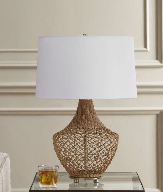 Rattan and antique brass accents Lamp 25H, SHADE 10H X 17 Dia. (in) Linen shade