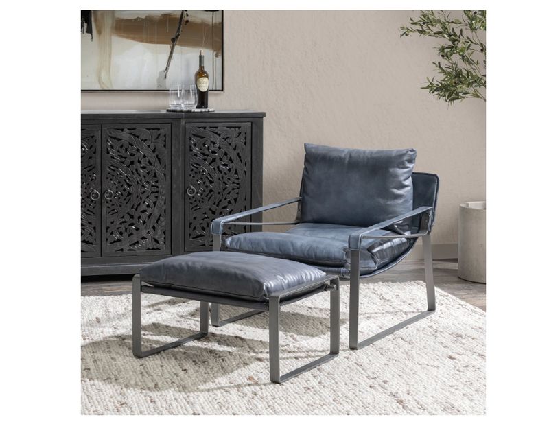 Blue Leather Sling Accent Chair - 29.38W x 32.38D x 29.5H