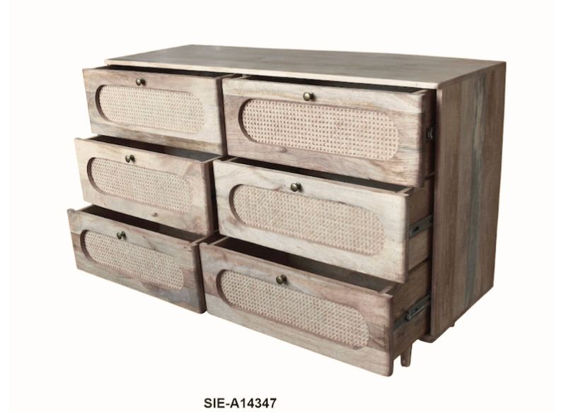 Wd. 6 Drawer Cane Dresser Juliet- 54Wx18Dx36H
