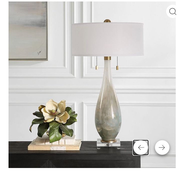 Smoked bronze, brushed brass, thick crystal foot Lamp, 32H, SHADE 8H X 18 Dia. Smoked bronze, brushed brass, thick crystal foot Lamp, 32H, SHADE 8H X 18 Dia.