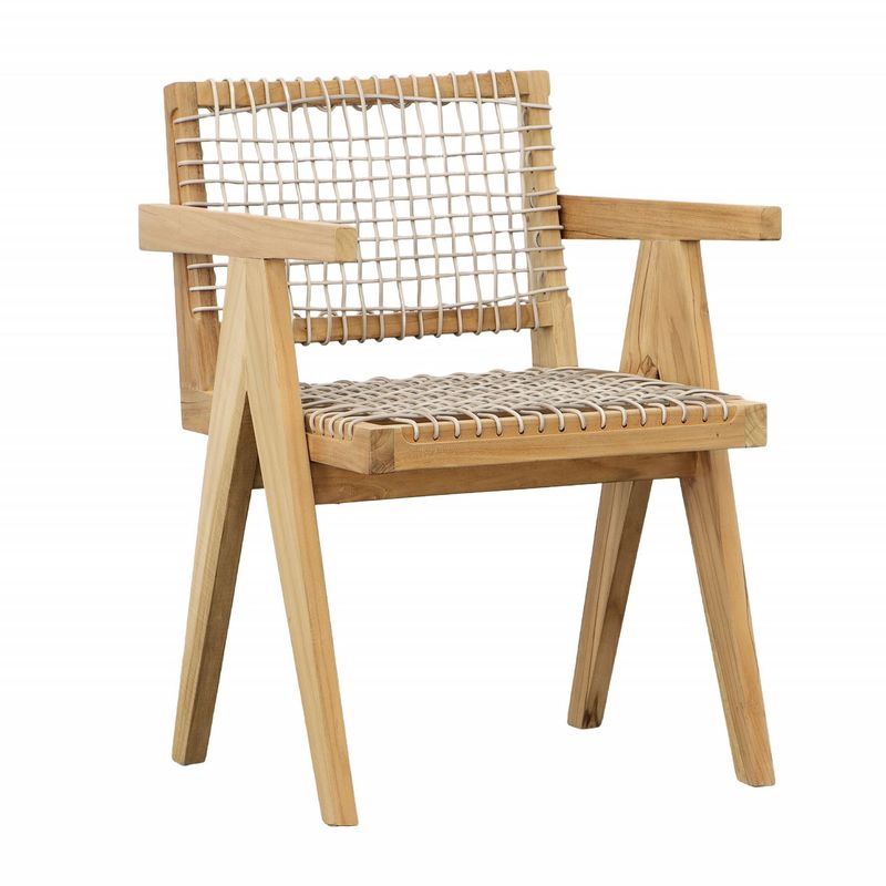 Triton Outdoor Dining Chair Material: Teak Wood Frame and Synthetic Rattan Weaving Material Finish: Natural Wood Finish Frame with Taupe Weave 22.5 x 22.5 x 32 Triton Outdoor Dining Chair Material: Teak Wood Frame and Synthetic Rattan Weaving Material Finish: Natural Wood Finish Frame with Taupe Weave 22.5 x 22.5 x 32