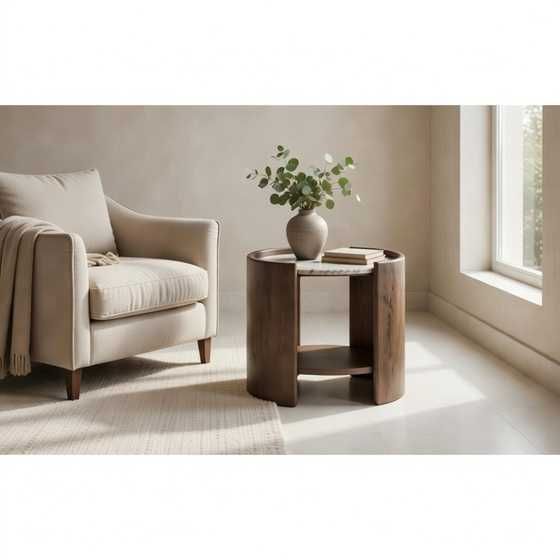 Portofino Side Table 24 W x 18 D x 21.5 H Mango Wood & Savar Marble Desert Gray Finish