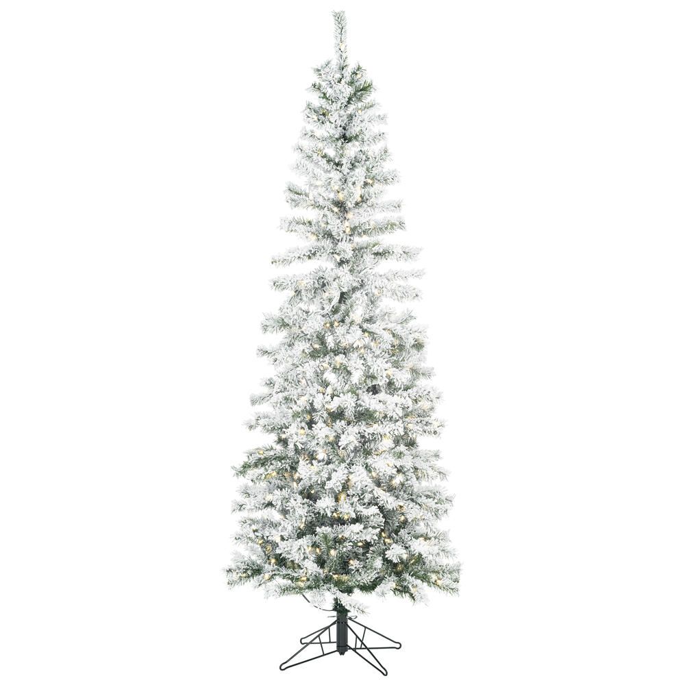 7.5&#39; FLOCKED PACIFIC PENCIL ARTIFICIAL TREE, WHITE LED