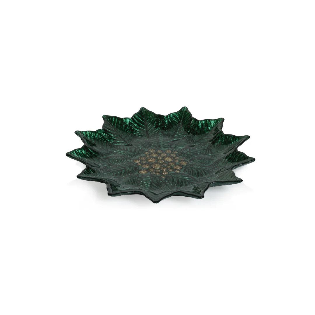 POINSETTA GLASS PLATE - GOLD &amp; GREEN
