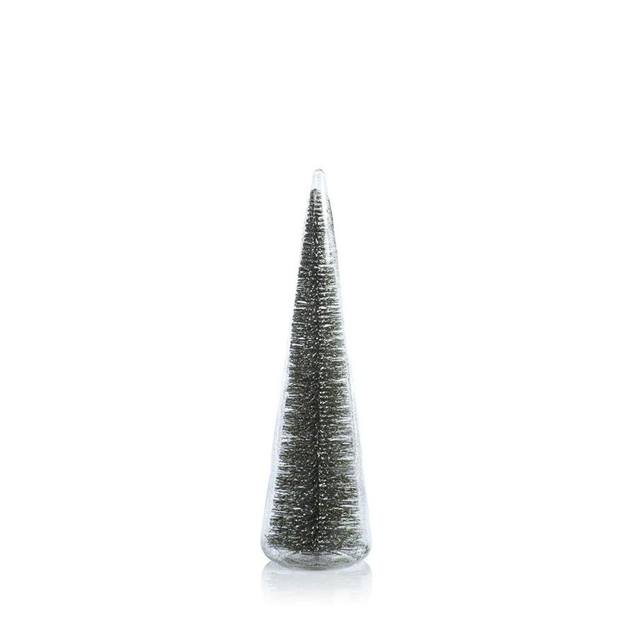 CLEAR GLASS DECORATIVE TREE WITH GREEN GLITTER - LARGE