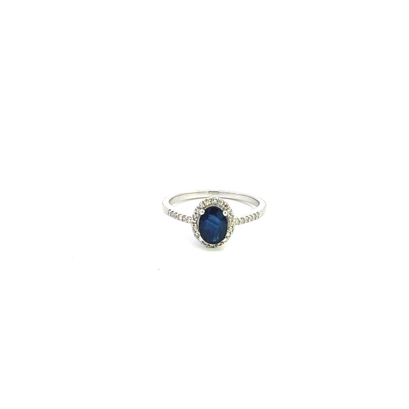 14KW 7x5mm SAPP &amp; 0.14ctw Dia Halo Ring