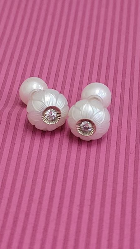14kw Carved Galatea Diamond in a Pearl Stud Earrings, Pearl Back